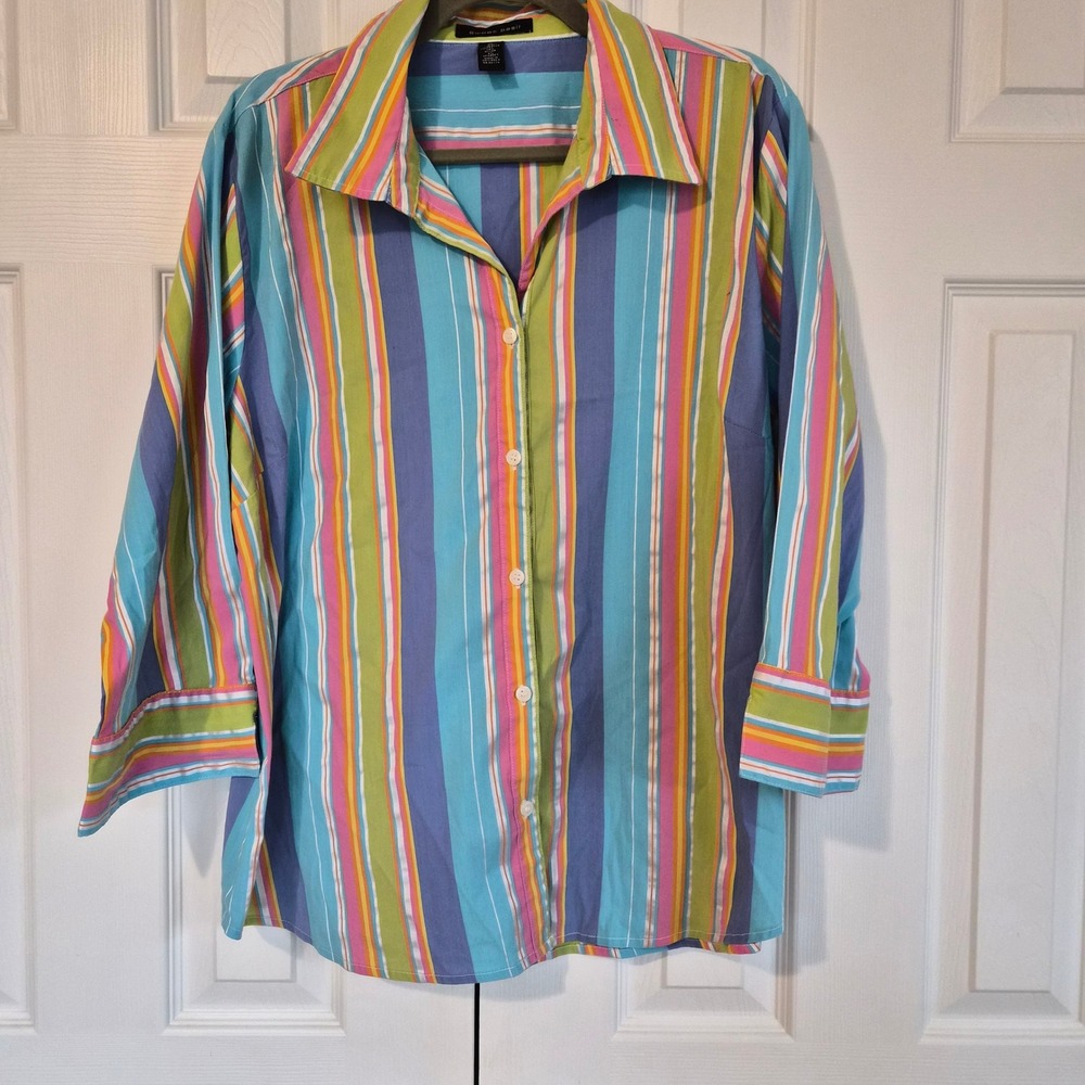 Sweet Basil XL Multi Color Striped Button Down 3/4 Sleeve Shirt Cotton Retro Mod